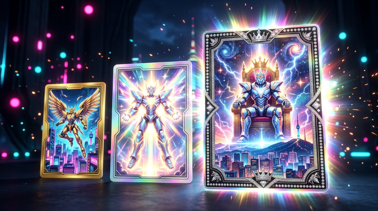 보너스 카드 3장: 왼쪽부터 금색 NEON GUARDIAN Legendary(10장), 무지개빛 ORIGIN CORE Mythic(15장), 블랙 다이아몬드 SEOUL SOVEREIGN Ultimate(20장)